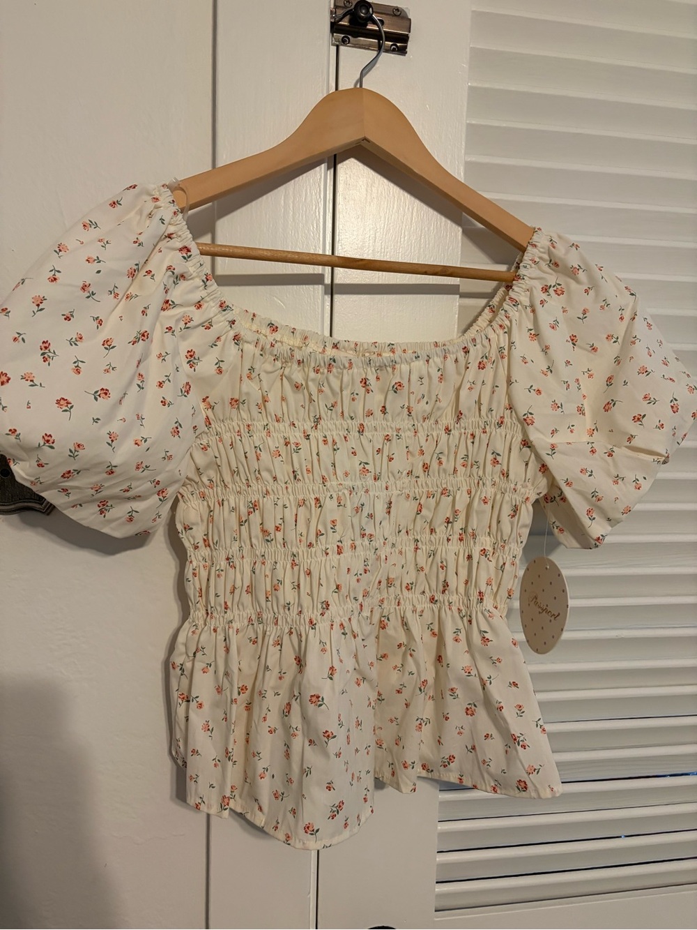 Smocked Puff Sleeve Floral Top - Cream with Pink Roses